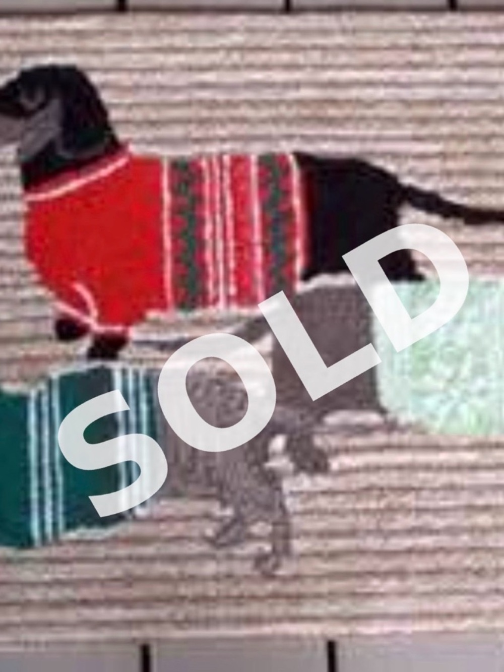 Chic Dog Sweater Rug with Red, Green, and Gray Accents